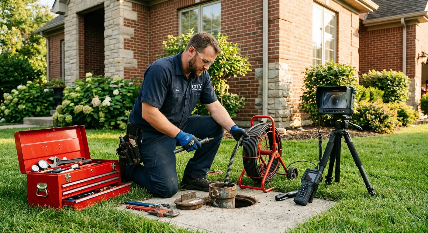 Sewer specialist with camera equipment servicing a cleanout in Yukon