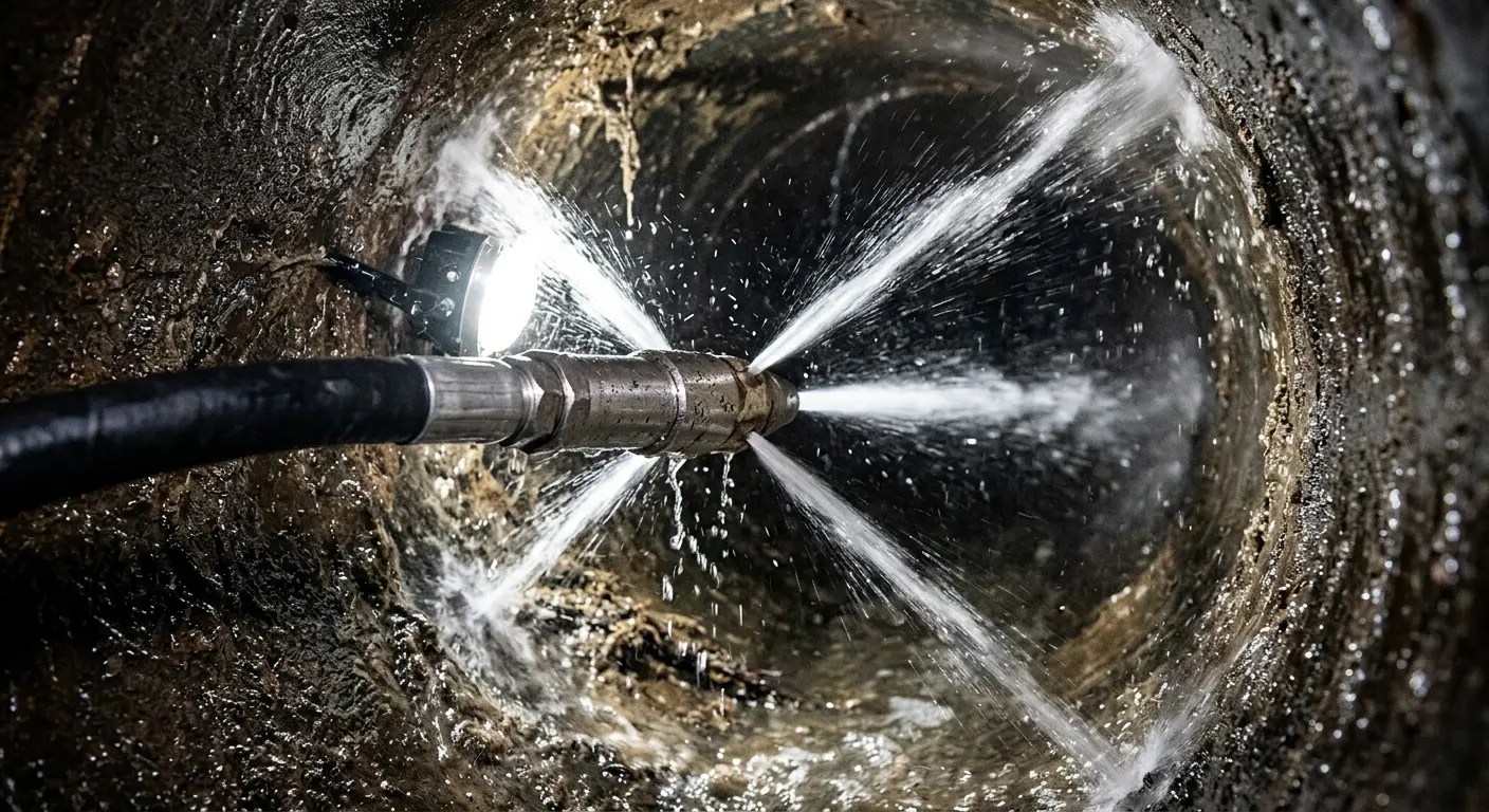 High-pressure hydro jetting nozzle cleaning sewer pipe for Trenchless Sewer Repair in Yukon