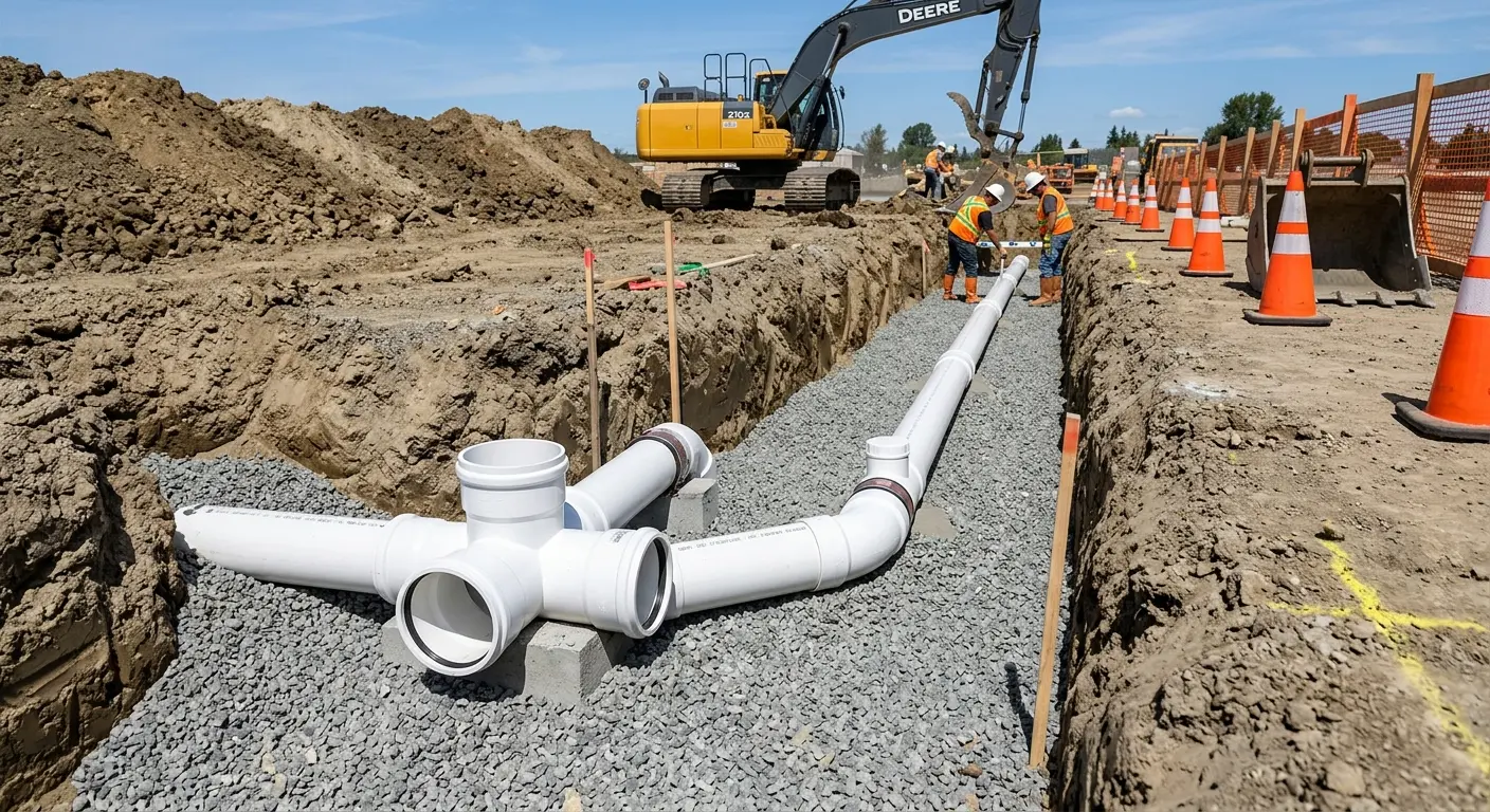 New PVC sewer pipe installation in open trench for Grease Trap Cleaning in Yukon